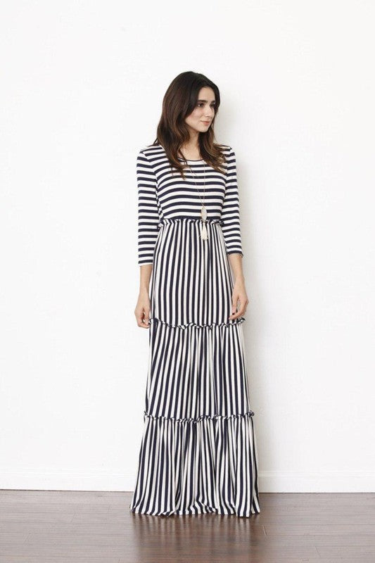 EG fashion Stripe three tiered maxi dress