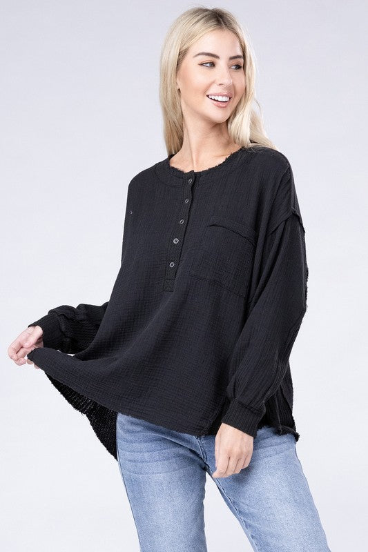 ZENANA Double Gauze Oversized 3/4 Button Henley Neck Top