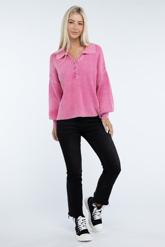 ZENANA Washed Collared Henley Sweater