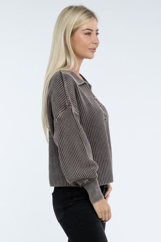 ZENANA Washed Collared Henley Sweater