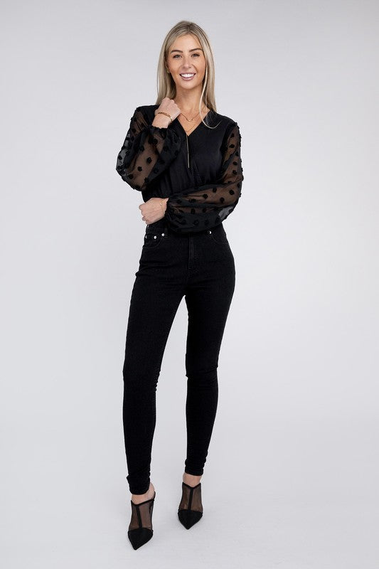 Nuvi Apparel V Neck Wrap Sheer Sleeves Bodysuit