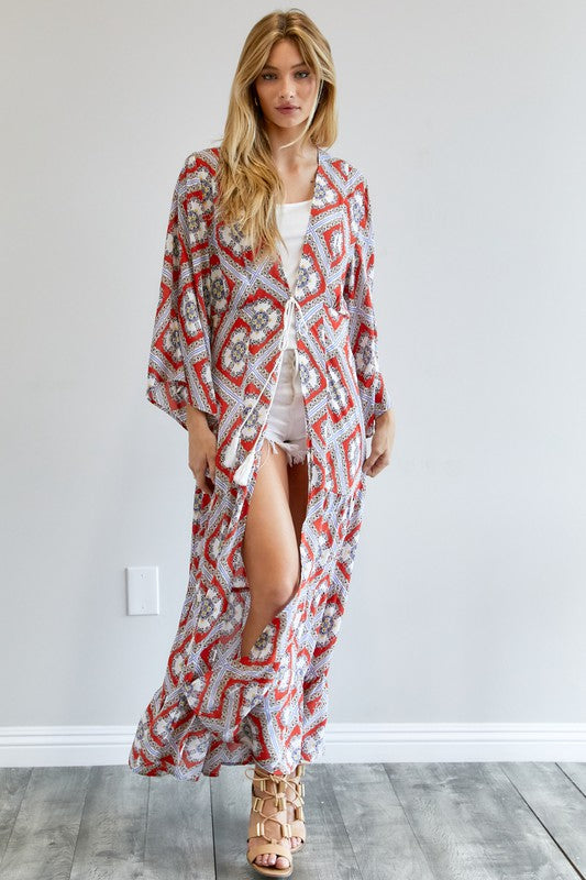 Davi & Dani Printed Long Sleeve Loose Kimono Duster