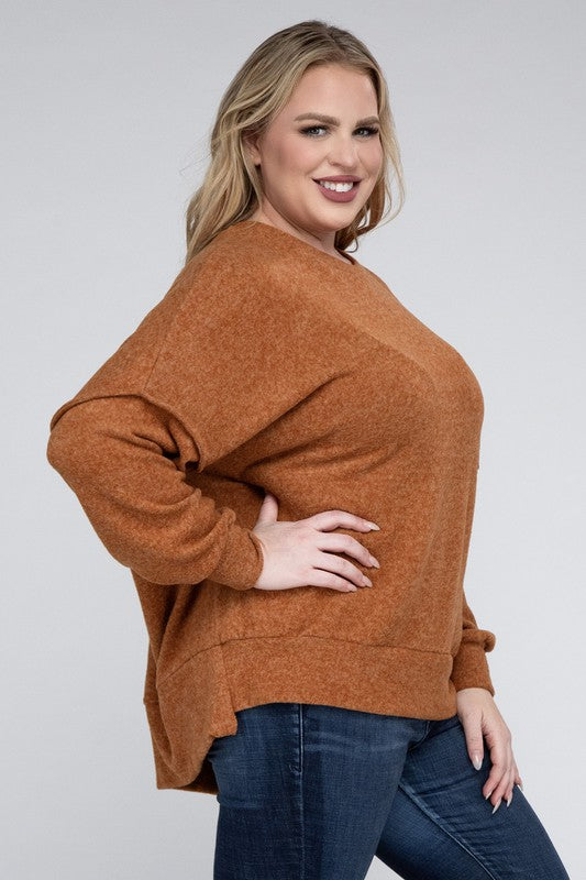 ZENANA Plus Brushed Melange Drop Shoulder Sweater