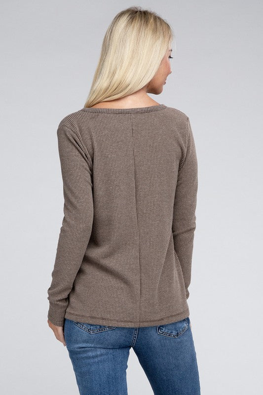 ZENANA Melange Baby Waffle V-Neck Long Sleeve Top