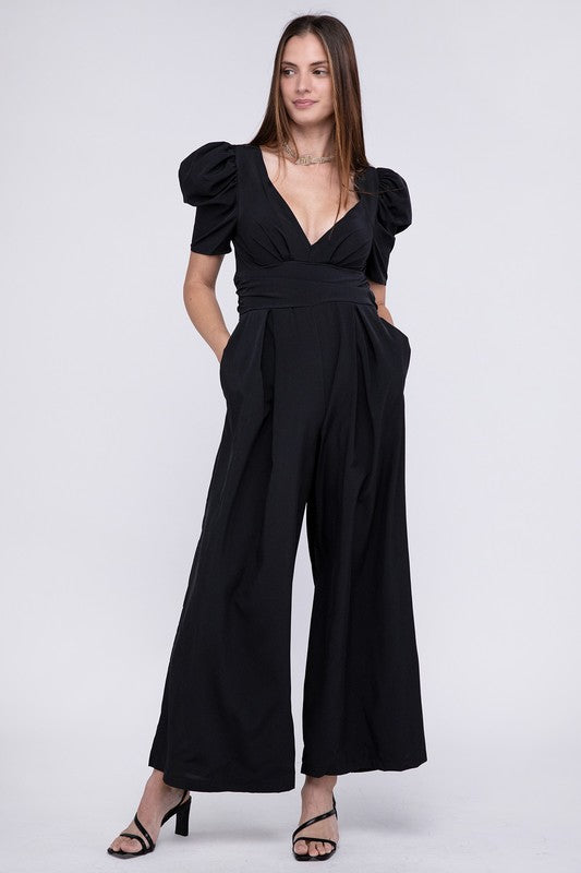 Nuvi Apparel V Neck Puff Sleeve Jumpsuit