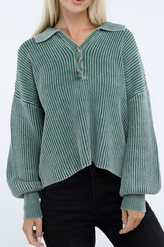 ZENANA Washed Collared Henley Sweater