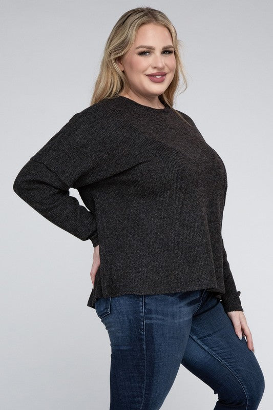 ZENANA Plus Ribbed Brushed Melange Hacci Sweater