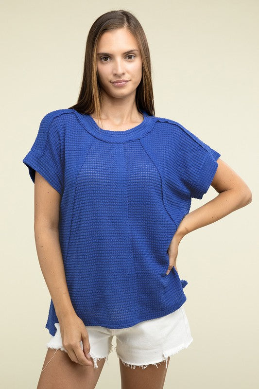 ZENANA Brushed Waffle Exposed-Seam Short Sleeve Top