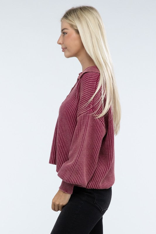 ZENANA Washed Collared Henley Sweater