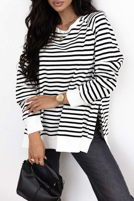 YNIQUE Stripe Raglan Sleeve Side Slits Loose Sweatshirt