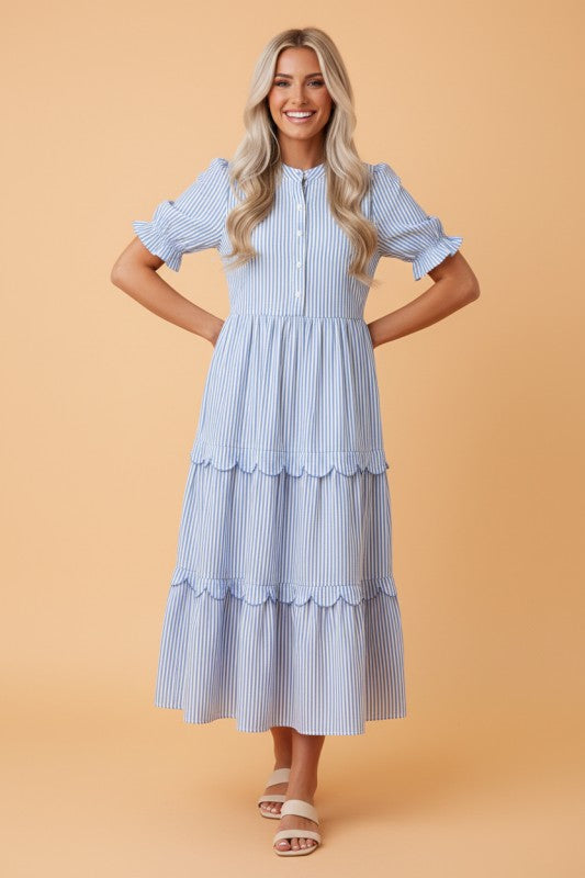 JUNIPER BLVD Stripe Bubble Short Sleeve Tiered Scallop Dress
