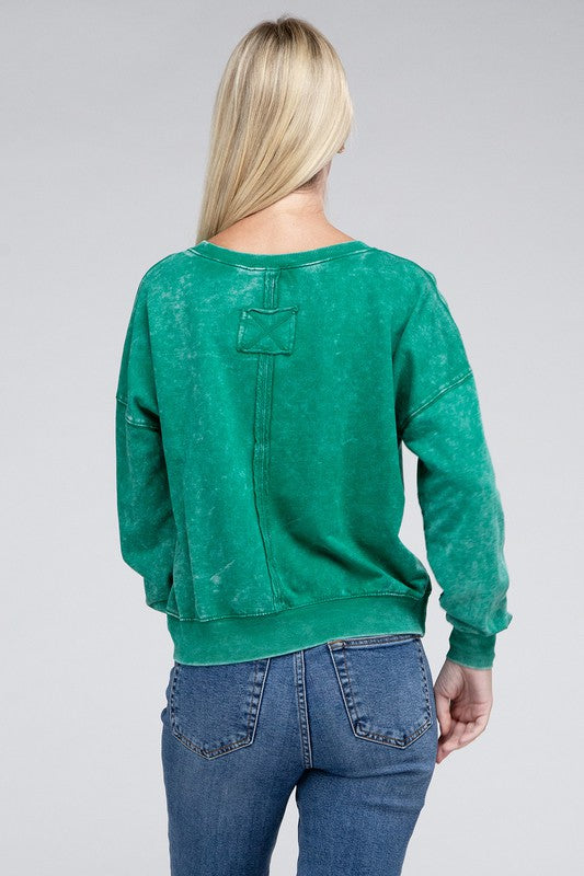 ZENANA French Terry Acid Wash Boat Neck Pullover