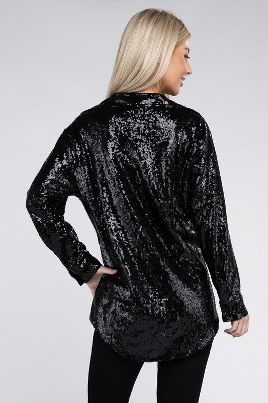 Load image into Gallery viewer, Nuvi Apparel Sequin Collared Button Up Shirt
