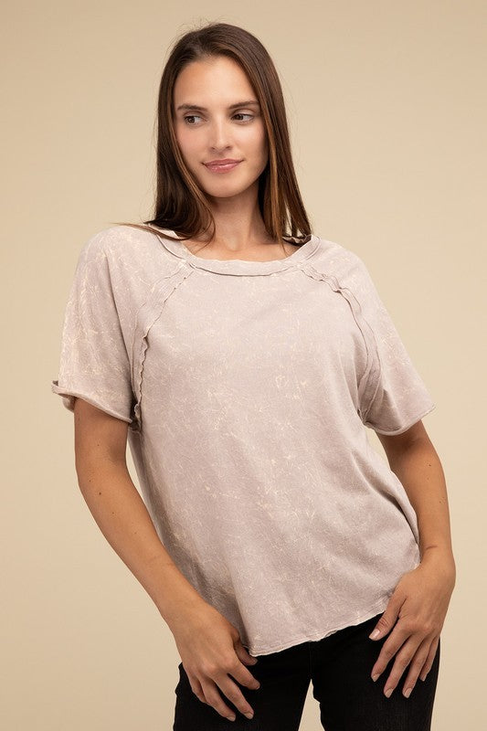 ZENANA Back Patch Crinkle Washed Raglan Sleeve T-Shirt