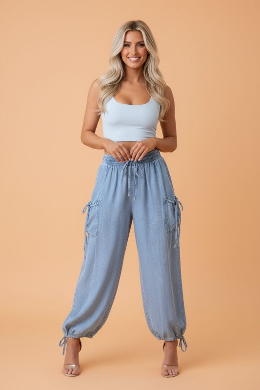 JUNIPER BLVD Drawstring Elastic-Waist Pocket Loose Denim Pants
