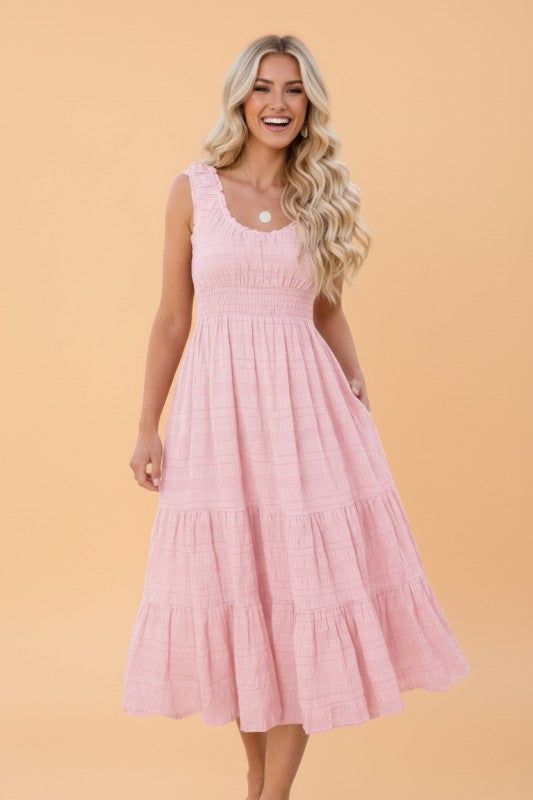 JUNIPER BLVD Shirred Pleated Square Neck Sleeveless Midi Dress