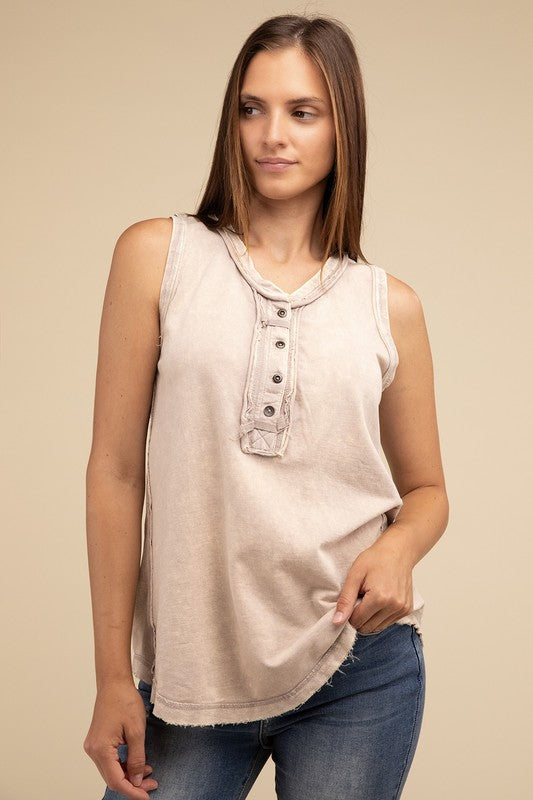 ZENANA Washed Half-Button Raw Edge Sleeveless Henley Top