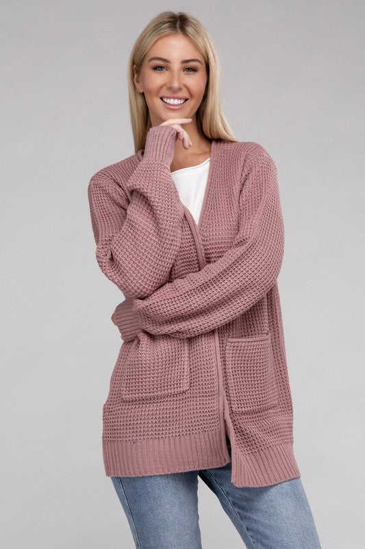 ZENANA Low Gauge Waffle Open Cardigan Sweater