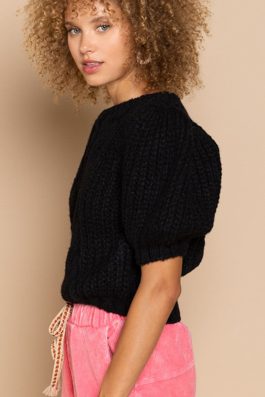 POL Puff Sleeve Cable Pullover Sweater