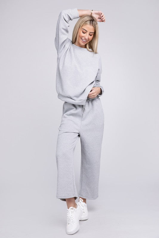 Nuvi Apparel Textured Fabric Top and Pants Casual Set