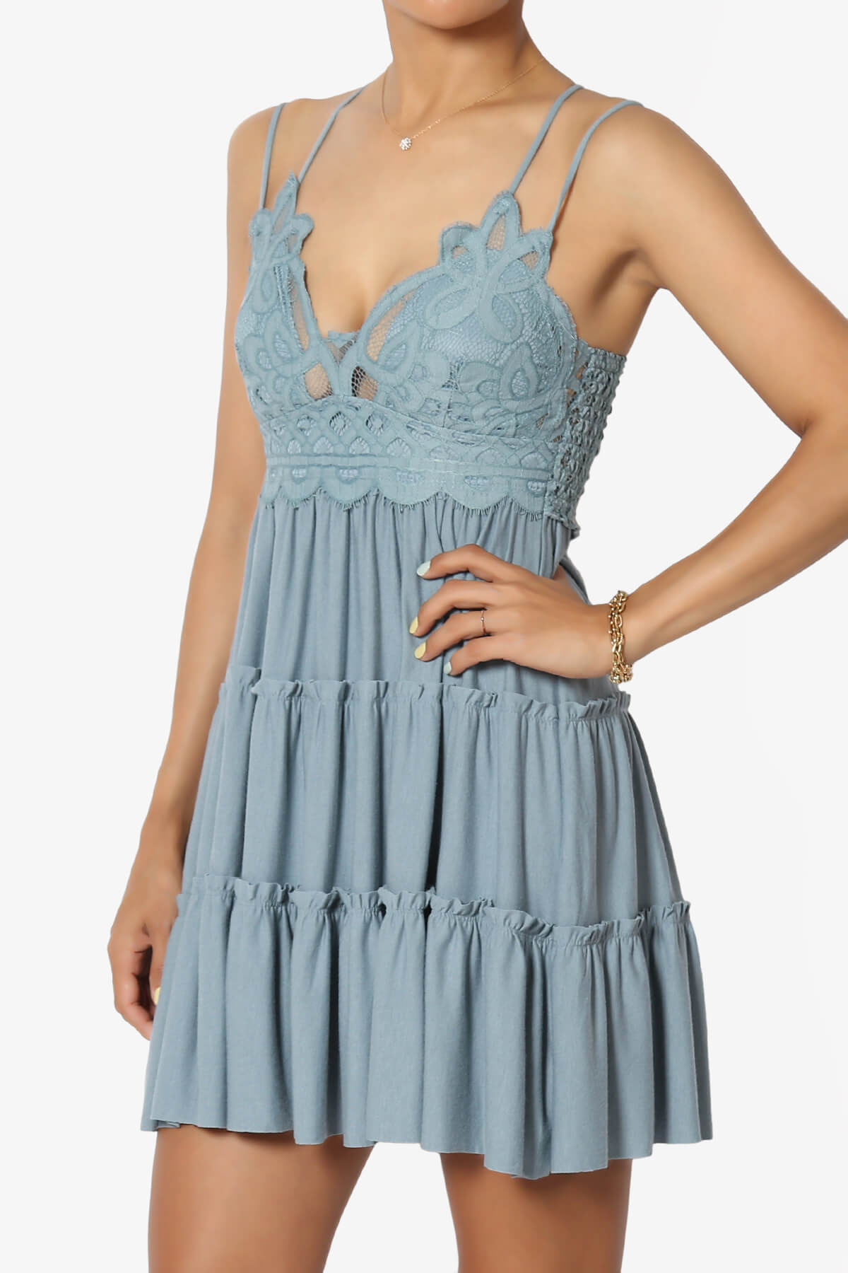 Load image into Gallery viewer, Adella Crochet Lace Ruffle Cami Tunic DUSTY BLUE_3
