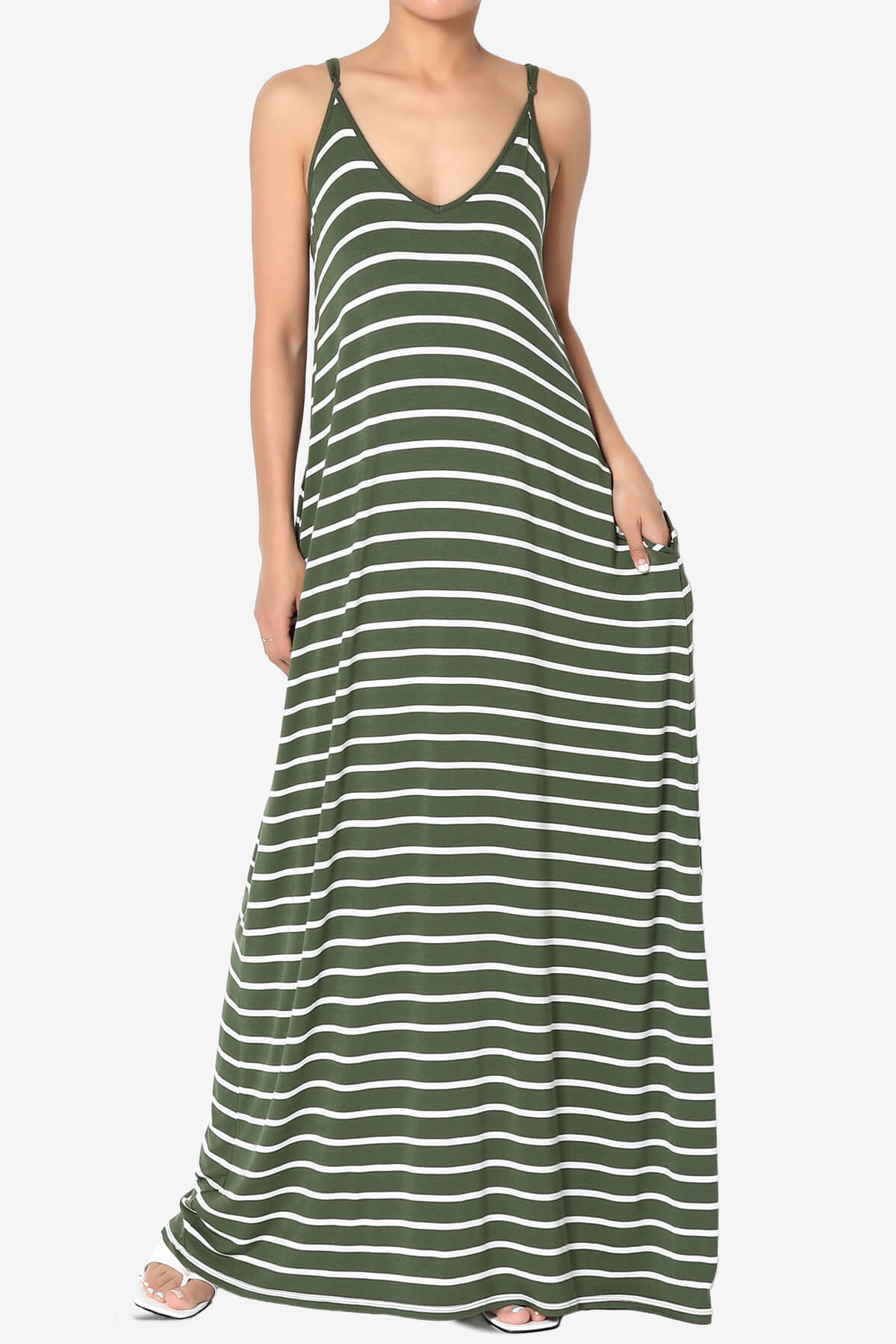 Adilette Striped Cami Maxi Dress ARMY GREEN_1