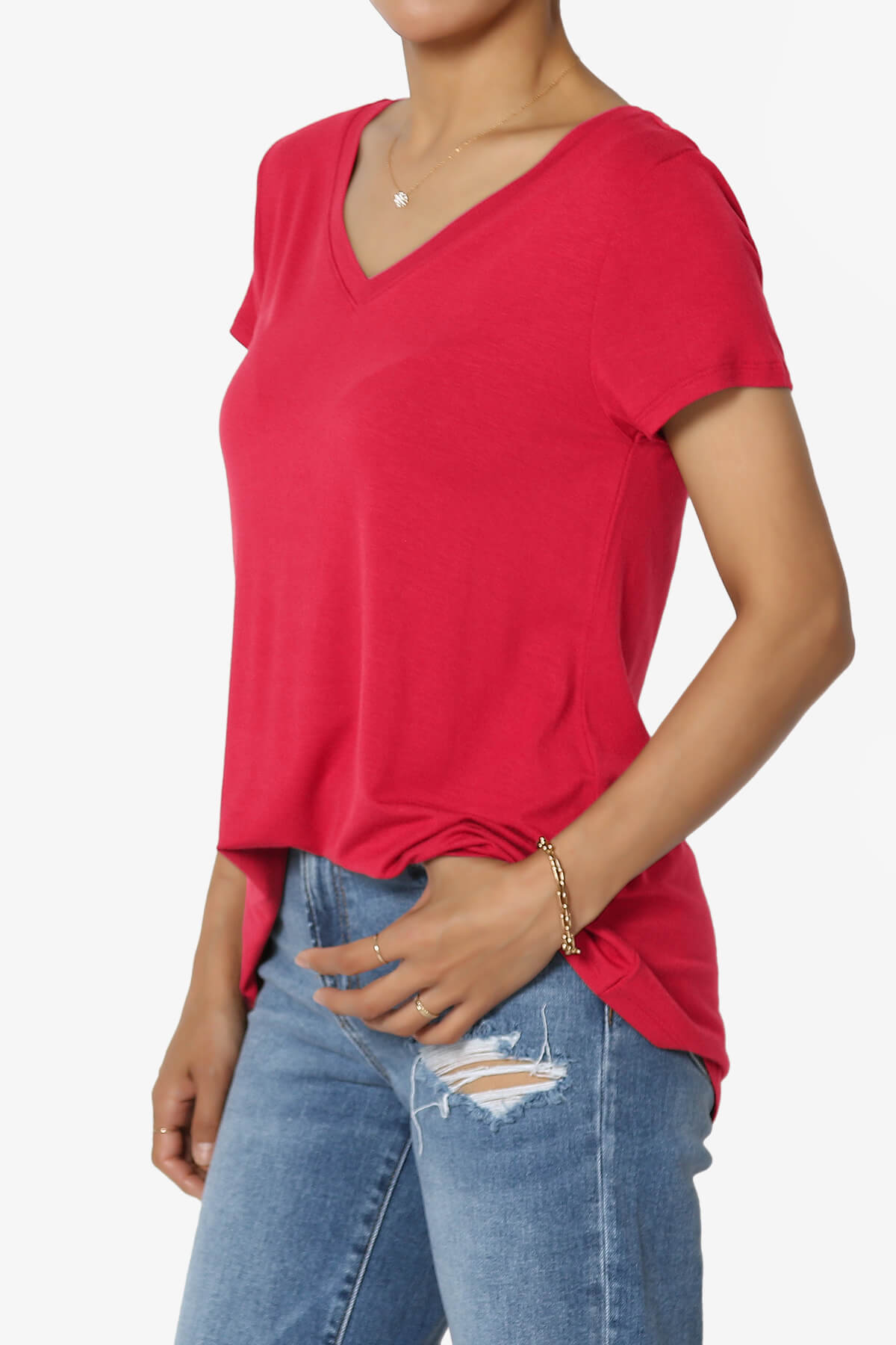 Agree V-Neck Short Sleeve T-Shirt RED_3