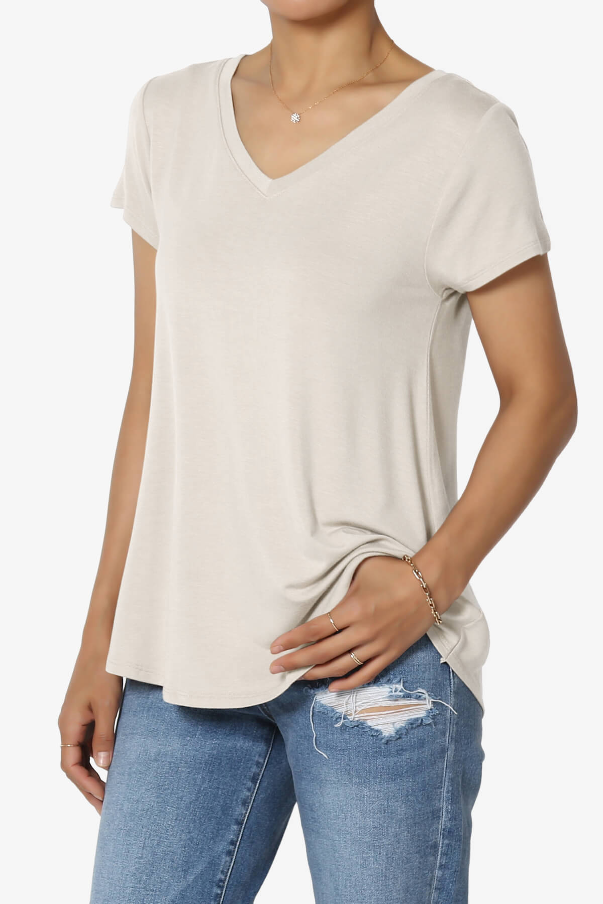 Agree V-Neck Short Sleeve T-Shirt SAND BEIGE_3