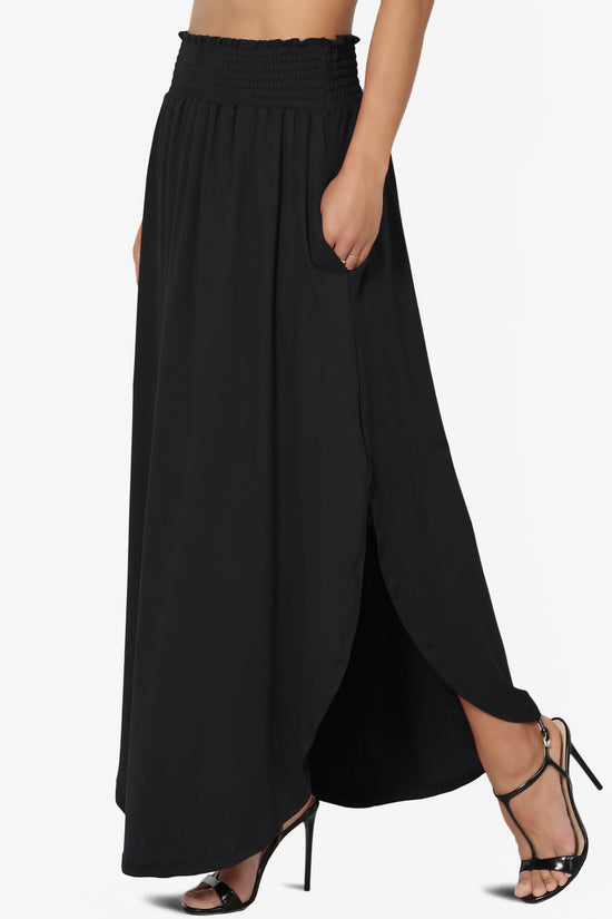 Alisah Smocked Waist Pocket Slit Maxi Skirt BLACK_3