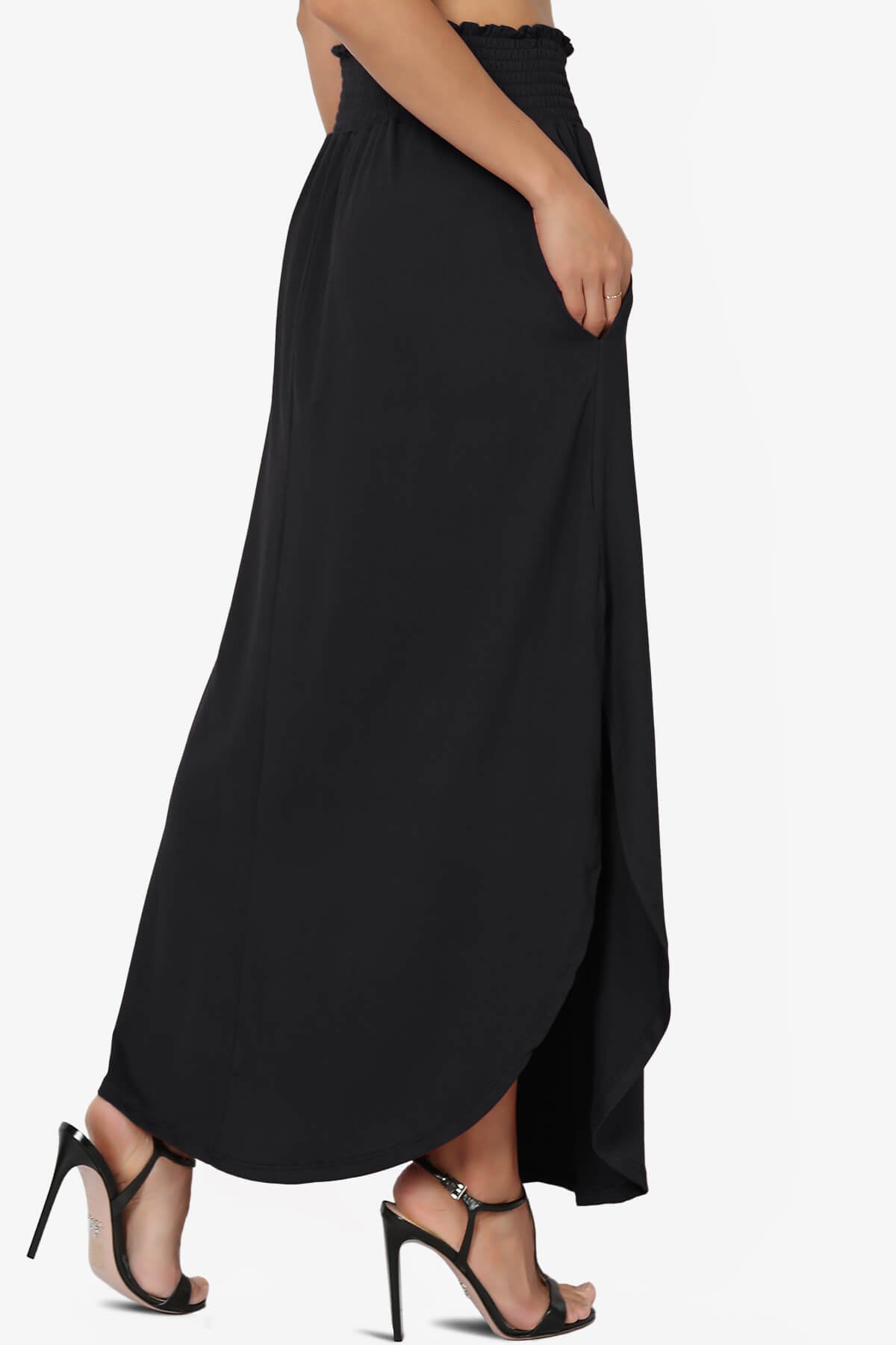 Alisah Smocked Waist Pocket Slit Maxi Skirt BLACK_4