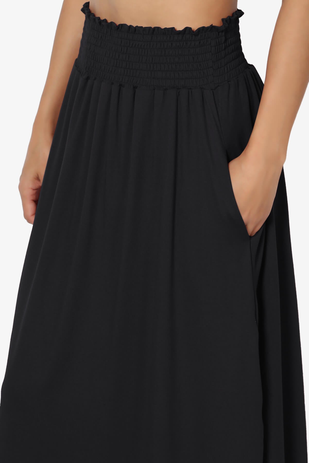 Alisah Smocked Waist Pocket Slit Maxi Skirt BLACK_5