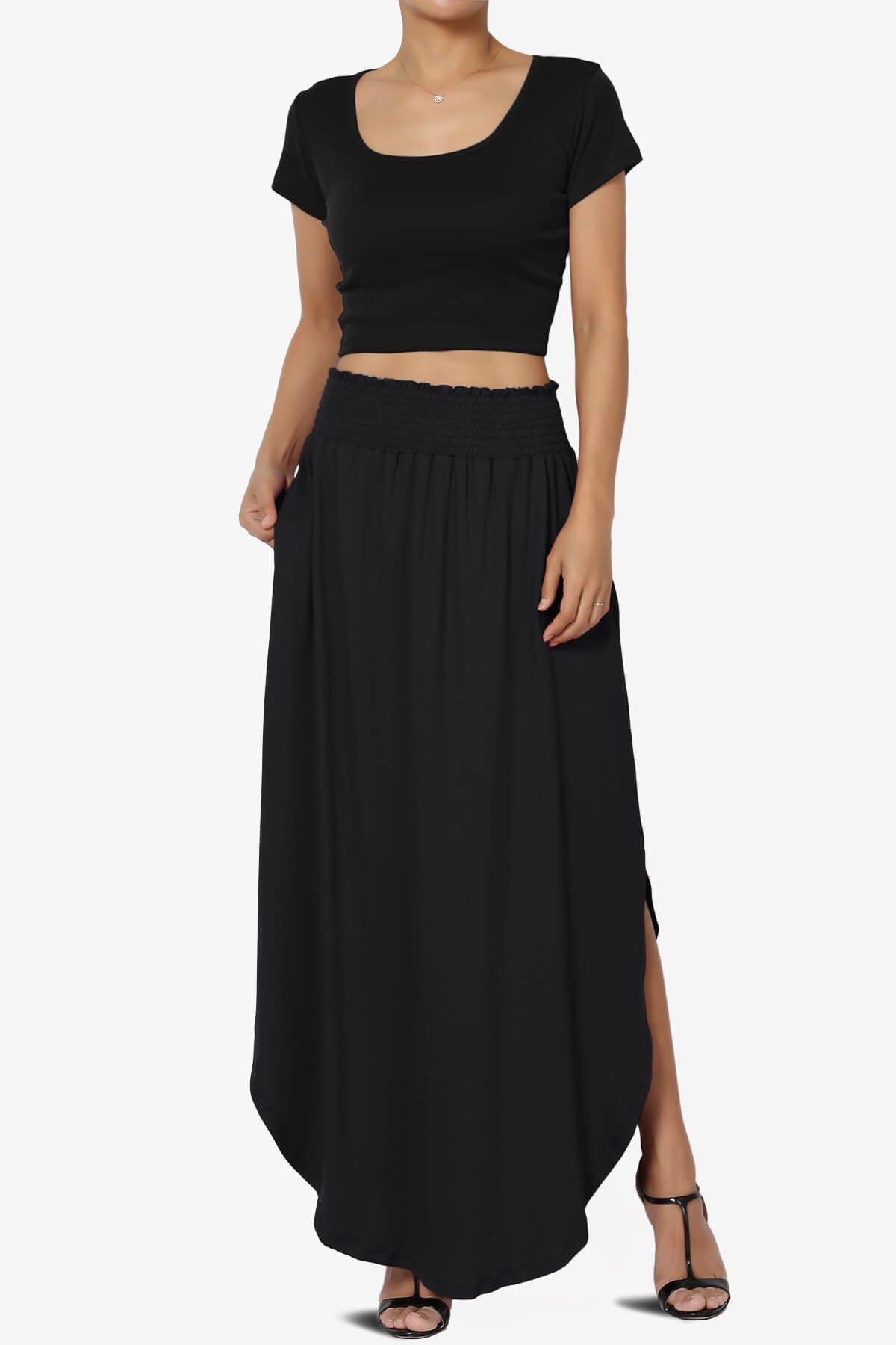 Alisah Smocked Waist Pocket Slit Maxi Skirt BLACK_6