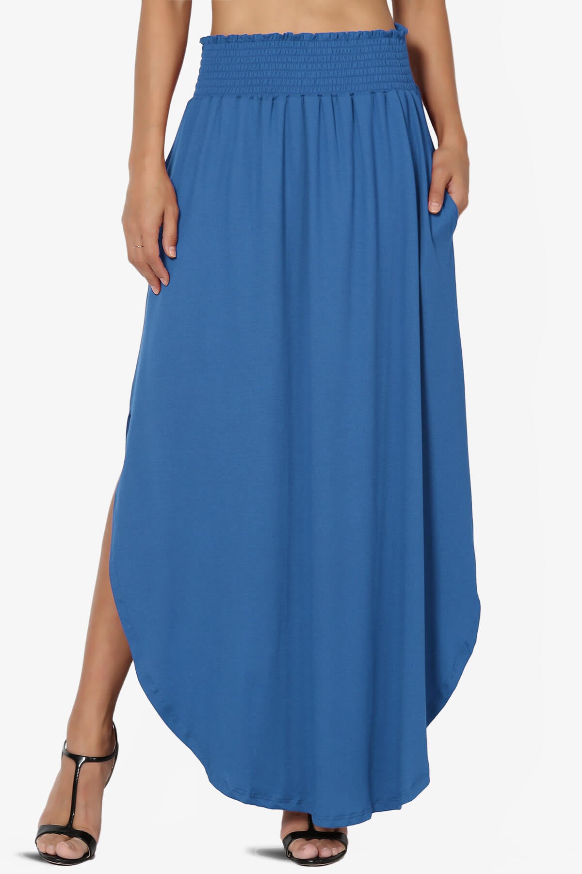 Alisah Smocked Waist Pocket Slit Maxi Skirt BLUE_1