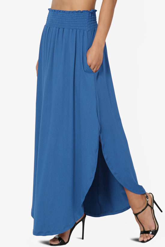 Alisah Smocked Waist Pocket Slit Maxi Skirt BLUE_3