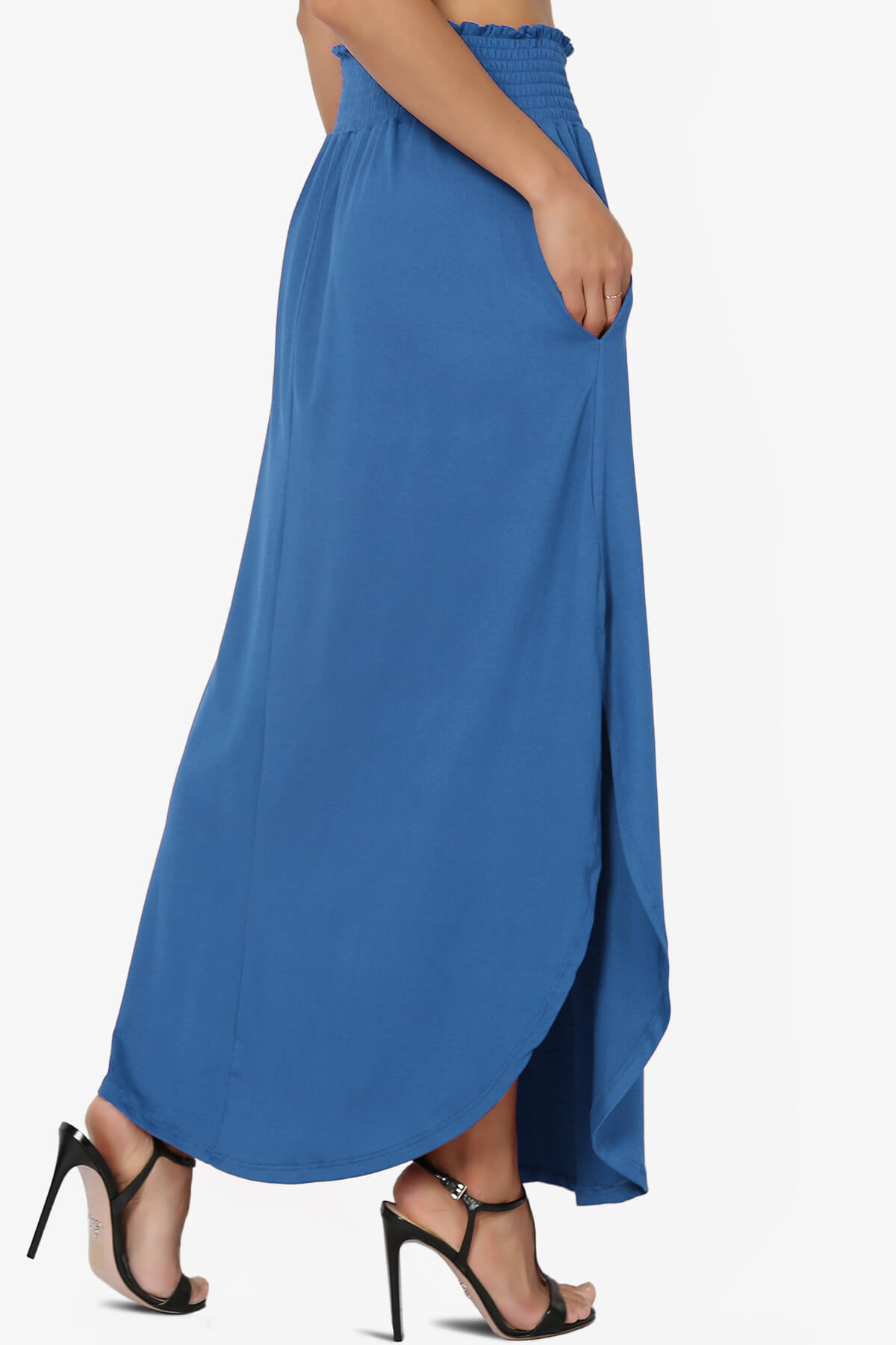 Load image into Gallery viewer, Alisah Smocked Waist Pocket Slit Maxi Skirt BLUE_4
