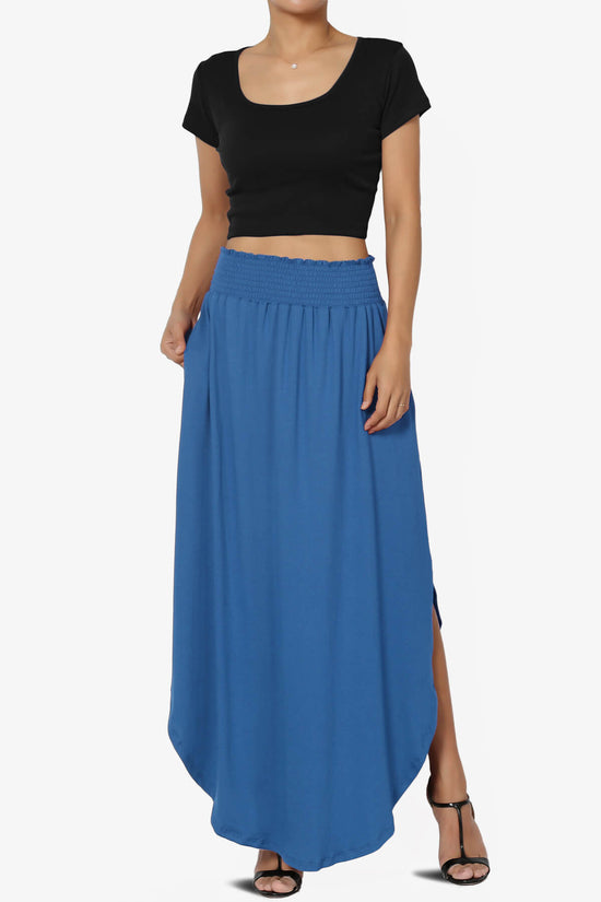 Alisah Smocked Waist Pocket Slit Maxi Skirt BLUE_6