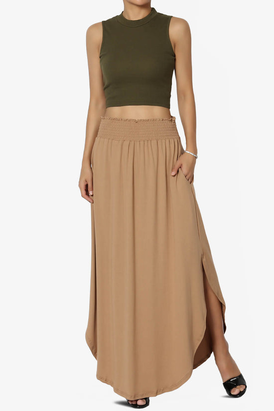 Load image into Gallery viewer, Alisah Smocked Waist Pocket Slit Maxi Skirt CAMEL_6
