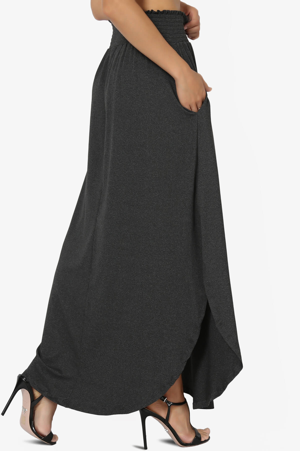 Alisah Smocked Waist Pocket Slit Maxi Skirt CHARCOAL_4