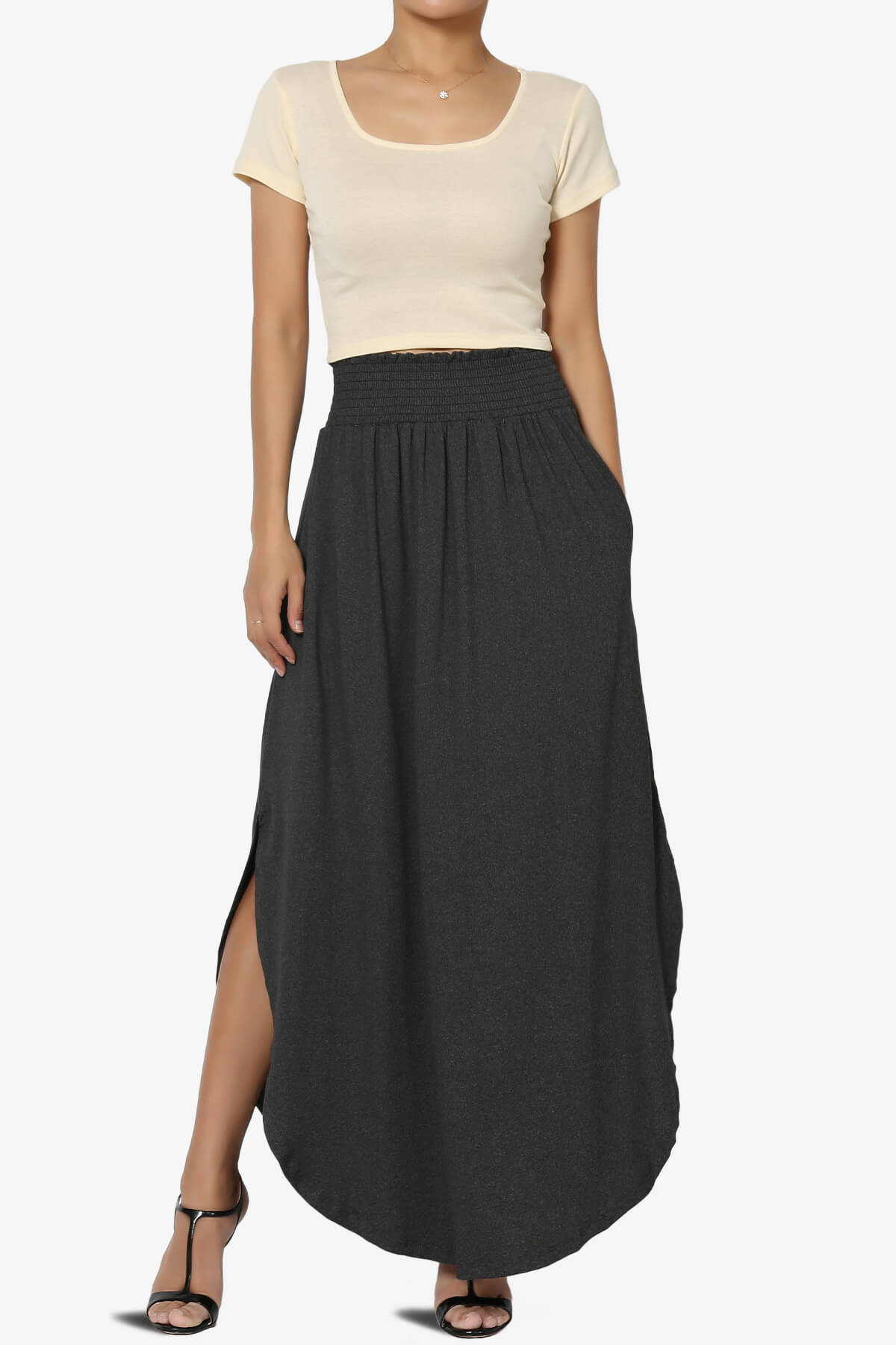 Load image into Gallery viewer, Alisah Smocked Waist Pocket Slit Maxi Skirt CHARCOAL_6
