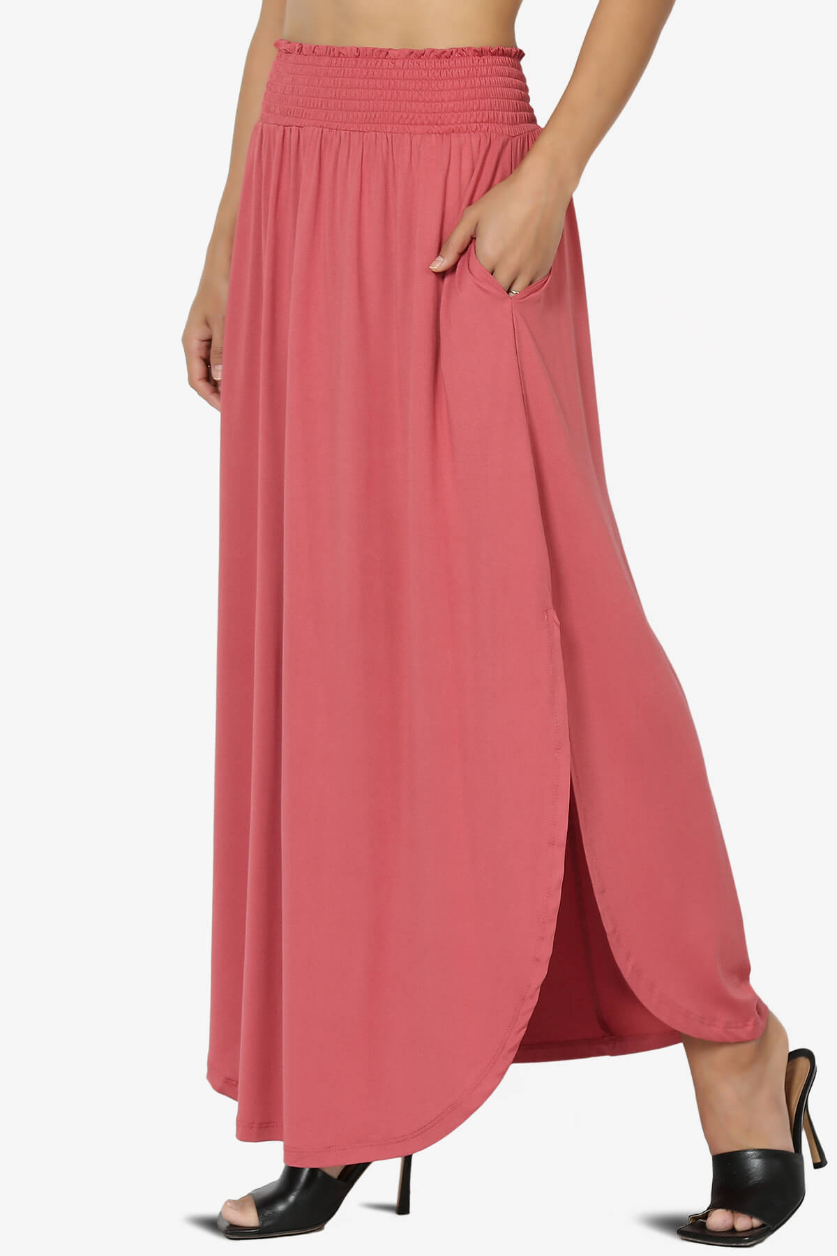 Load image into Gallery viewer, Alisah Smocked Waist Pocket Slit Maxi Skirt CRANBERRY_3
