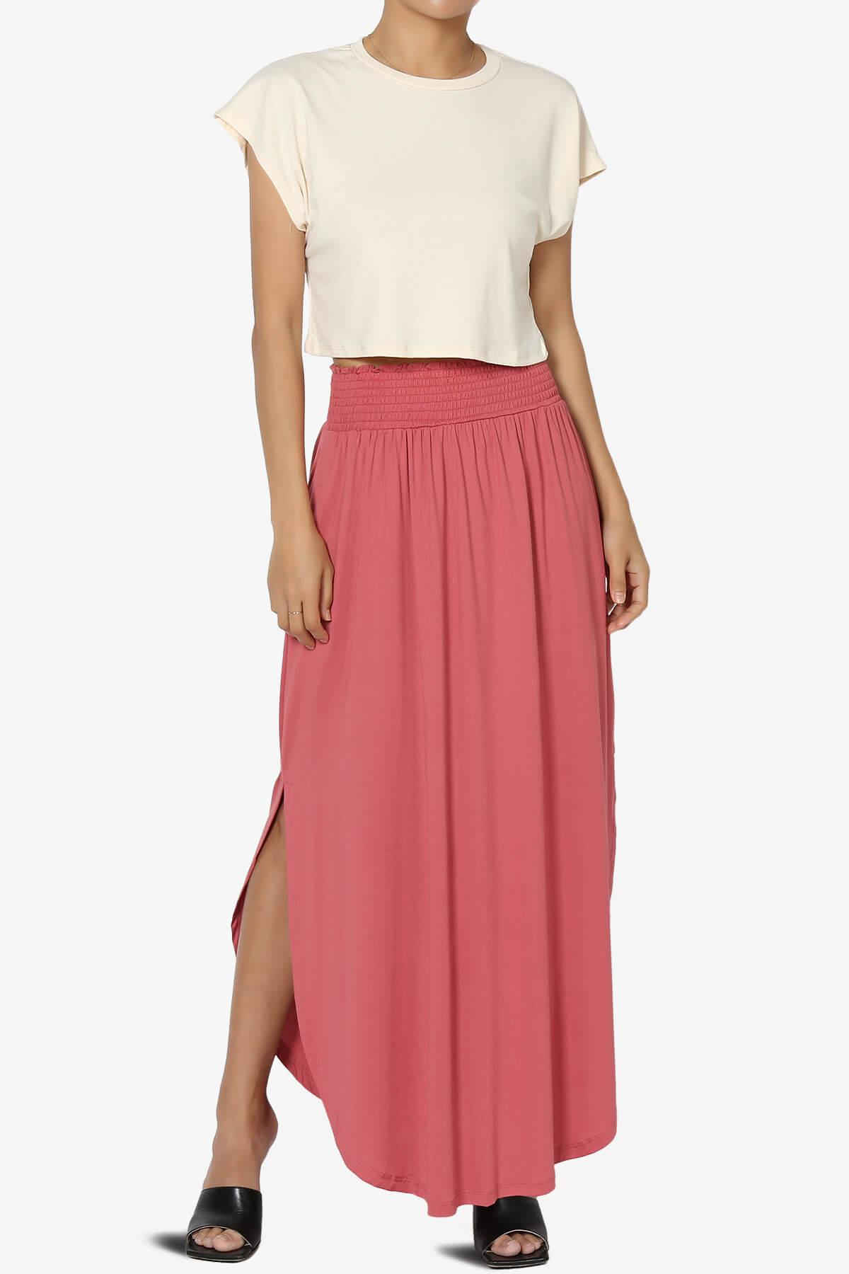 Load image into Gallery viewer, Alisah Smocked Waist Pocket Slit Maxi Skirt CRANBERRY_6
