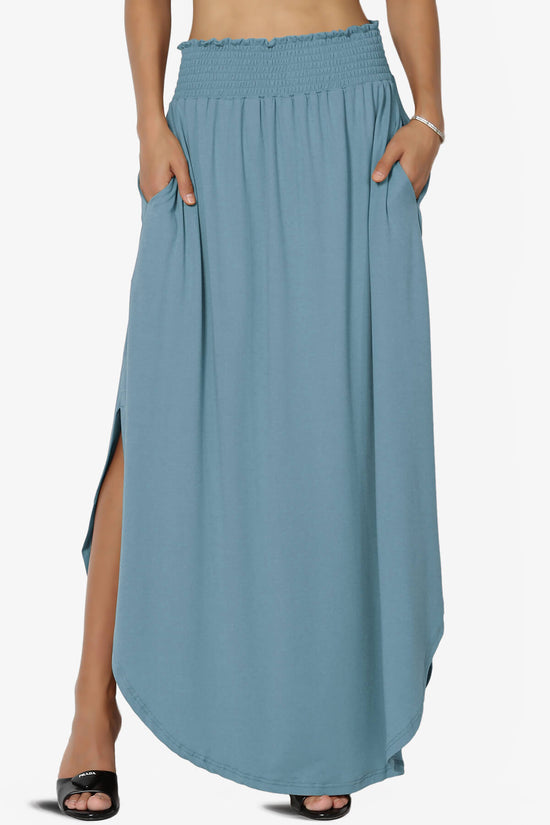 Alisah Smocked Waist Pocket Slit Maxi Skirt DENIM BLUE_1