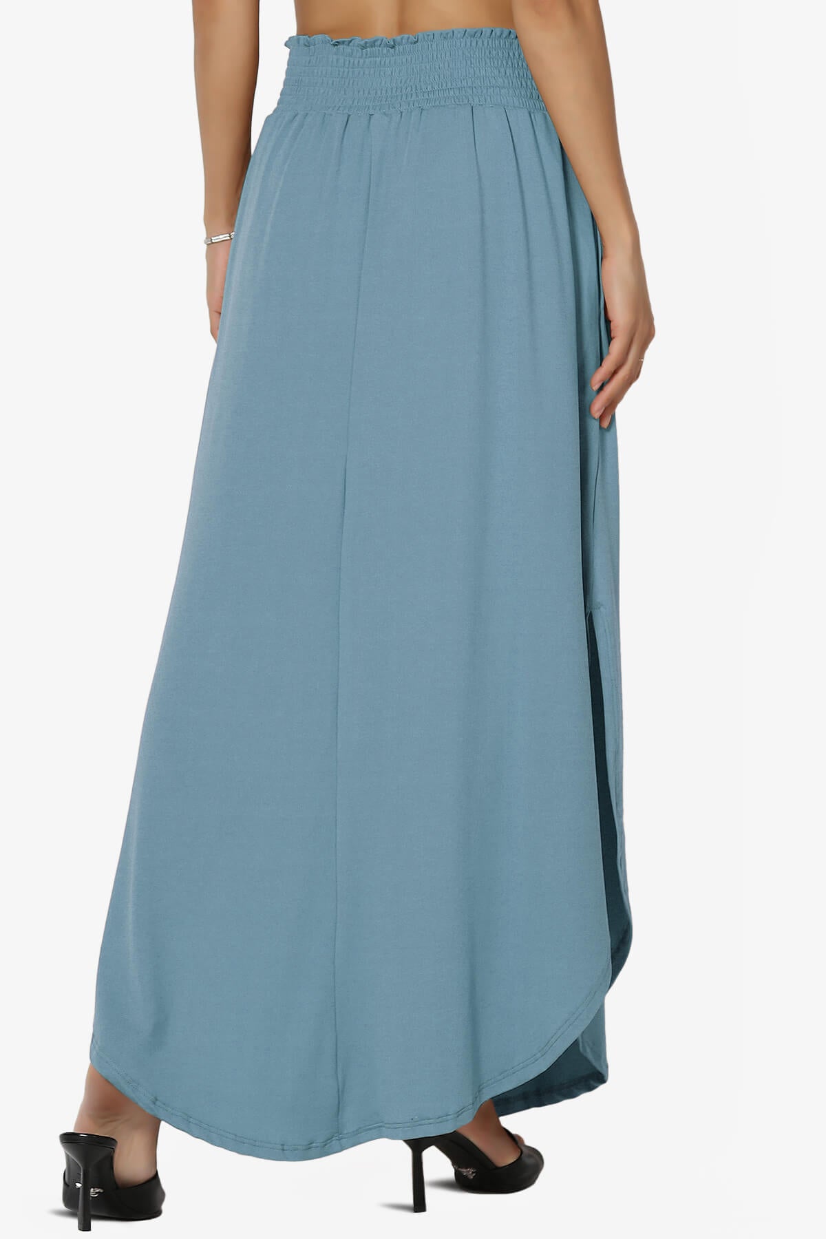 Alisah Smocked Waist Pocket Slit Maxi Skirt DENIM BLUE_2
