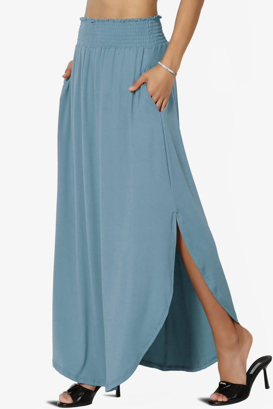 Alisah Smocked Waist Pocket Slit Maxi Skirt DENIM BLUE_3