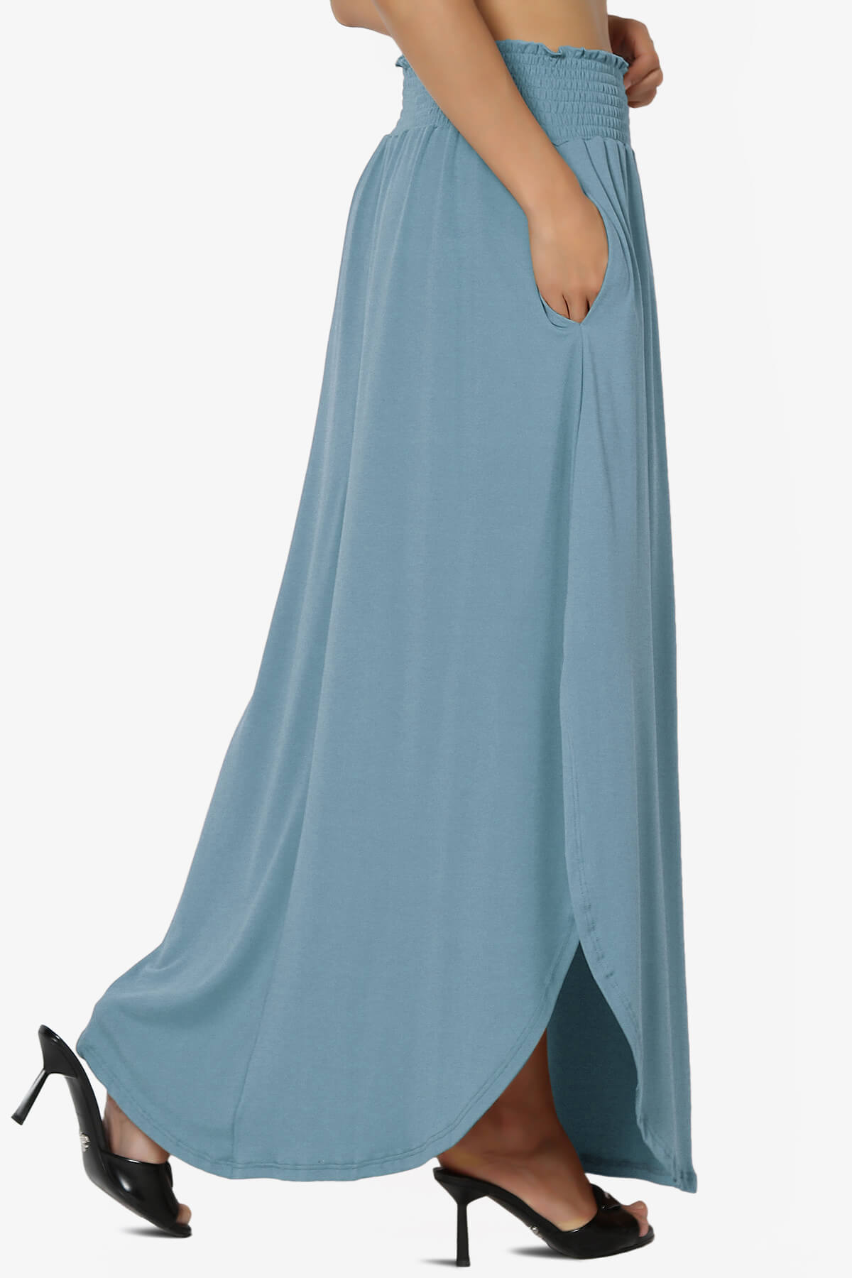 Alisah Smocked Waist Pocket Slit Maxi Skirt DENIM BLUE_4