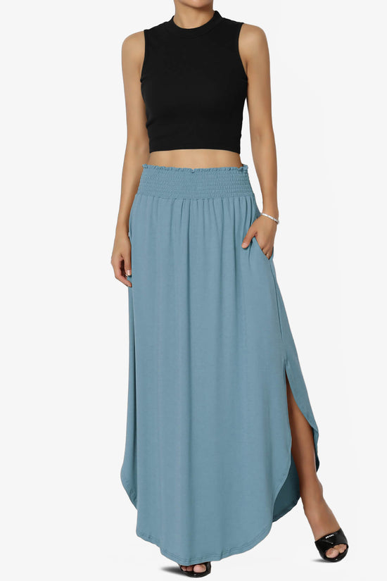 Alisah Smocked Waist Pocket Slit Maxi Skirt DENIM BLUE_6
