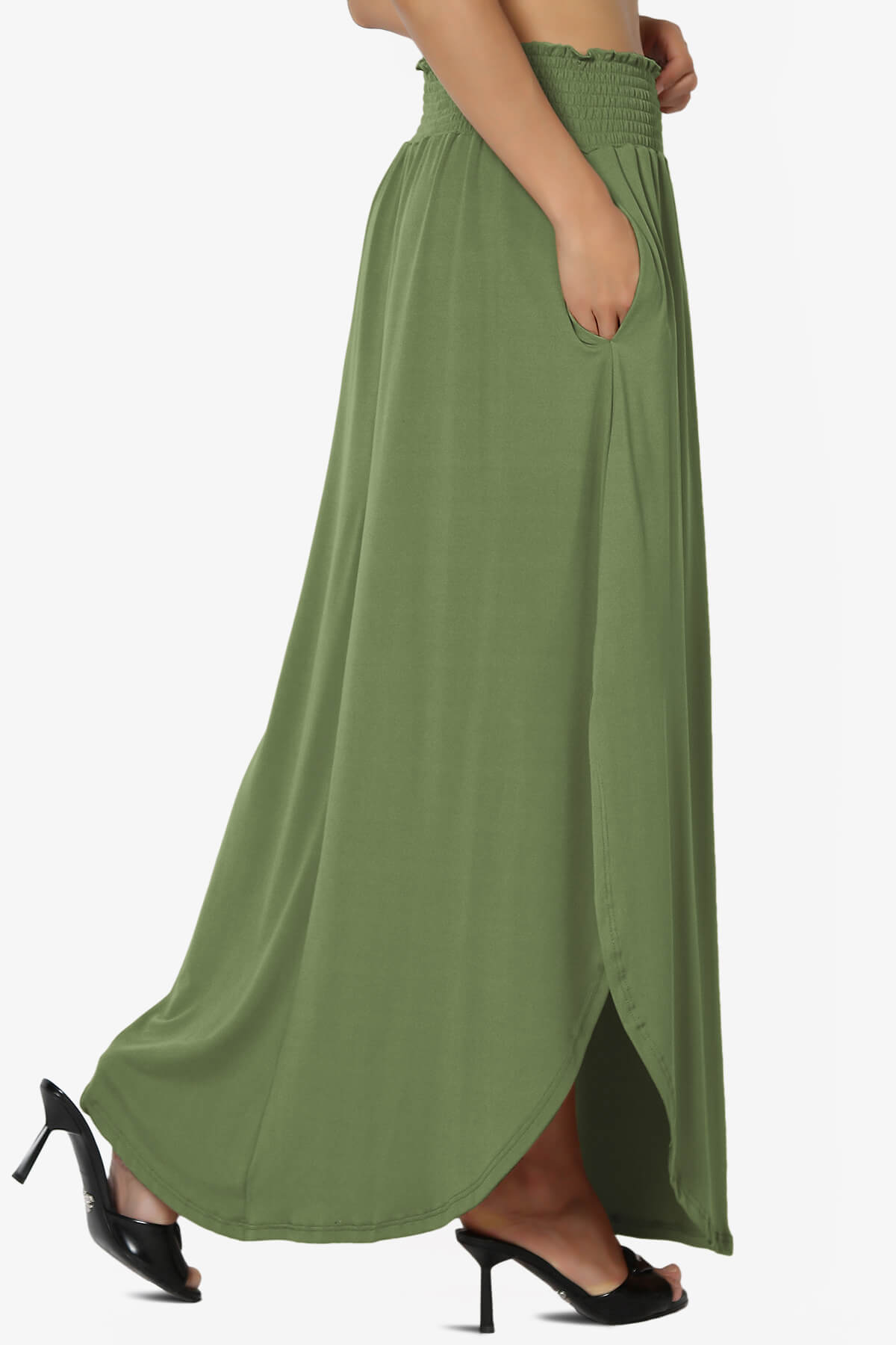Load image into Gallery viewer, Alisah Smocked Waist Pocket Slit Maxi Skirt OLIVE_4

