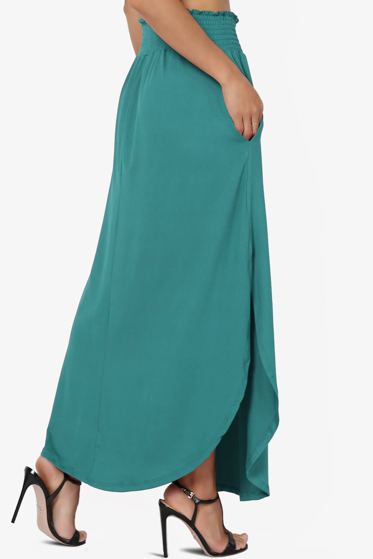 Alisah Smocked Waist Pocket Slit Maxi Skirt TEAL_4
