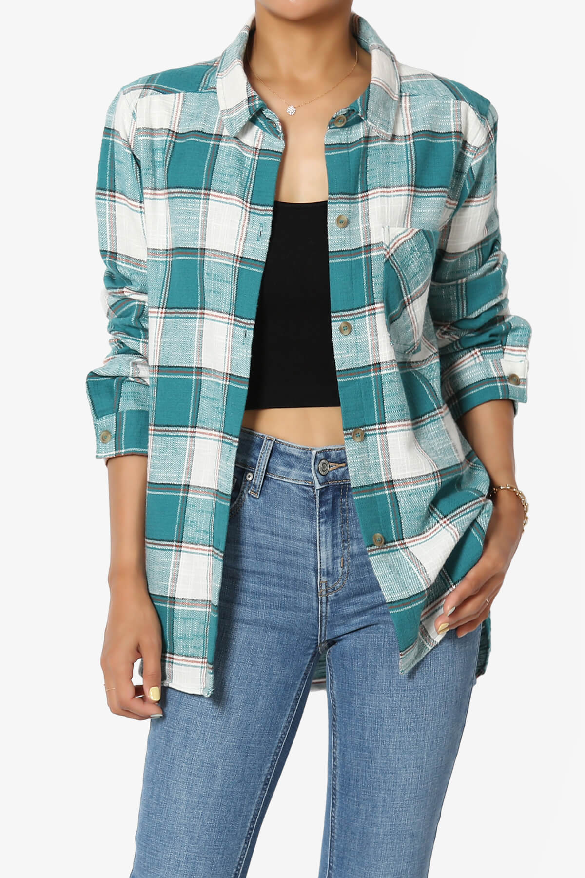 Load image into Gallery viewer, Allegra Plaid Flannel Button Down Shirt TEAL_1
