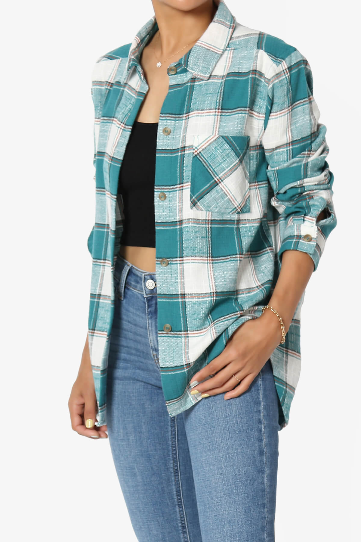 Load image into Gallery viewer, Allegra Plaid Flannel Button Down Shirt TEAL_3
